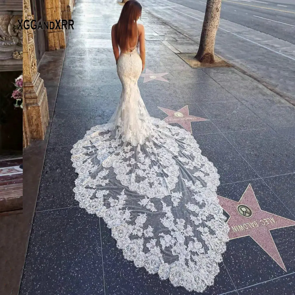 Романтическое кружевное свадебное платье русалки роскошное сексуальное платье с открытой спиной на тонких бретельках свадебное платье с двухслойным длинным шлейфом