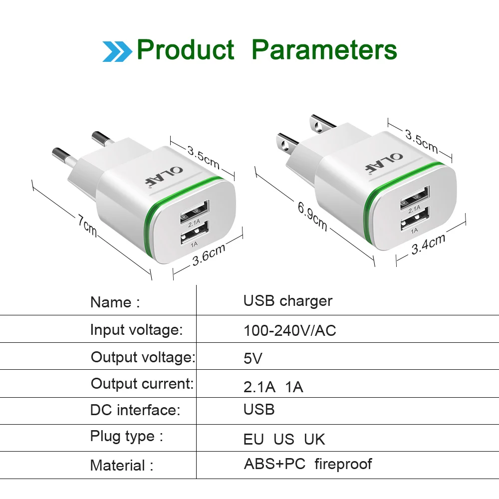 Олаф штепсельная вилка европейского стандарта 2 Порты светодиодный светильник USB Зарядное устройство 5V 2A мобильного телефона Зарядное устройство Micro USB/Тип C кабель для зарядки для samsung Xiaomi huawei