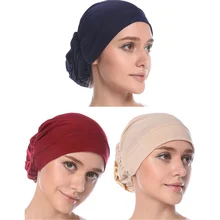 Babalet Women’s Elegant Soft Silk Pleated Hind Flower Muslim Islamic Turban Cap Chemo Cancer Cap Beanie Cap Nightcap Pack of 3