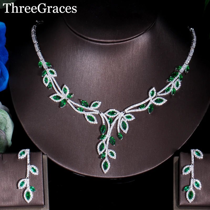 

ThreeGraces Elegant Green Leaf Cubic Zirconia Long Crystal Dangle Earrings Necklace Costume Jewelry Sets For Women JS181