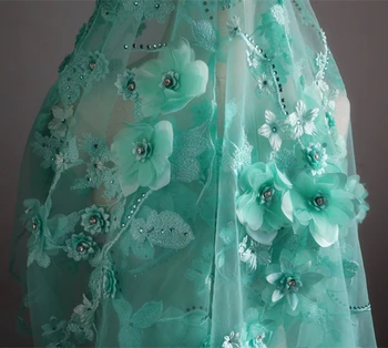 

high quality light green beaded 3D floral lace fabric, Chic French 3D flowers beaded net lace fabrics
