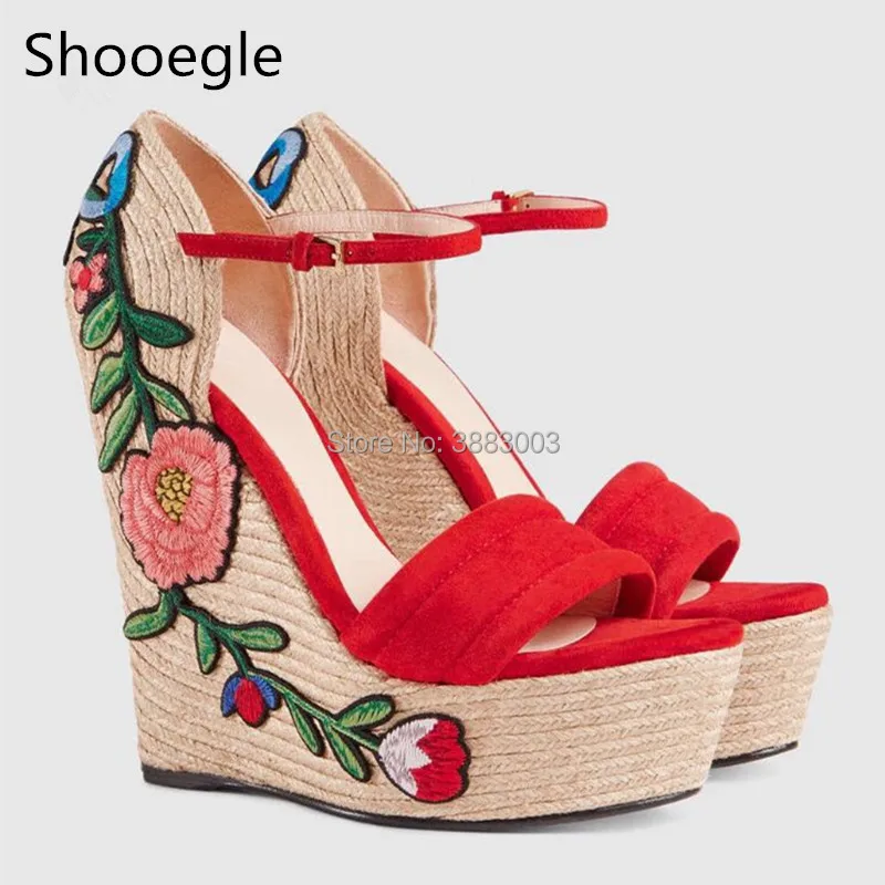 

Fashion Open Toe Sky-Heel Women Summer Sandals Buckle Strap Platforms Embroidered Flower Wedges Thick Heels T-Show Pumps