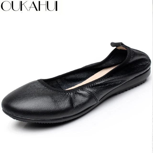 Oukahui Brand Solid Black Genuine Leather Flat Office Work Shoes New Oukahui Brand Solid Black Genuine Leather Flat Office Work Shoes New Comfortable Soft Bottom Shallow Slip