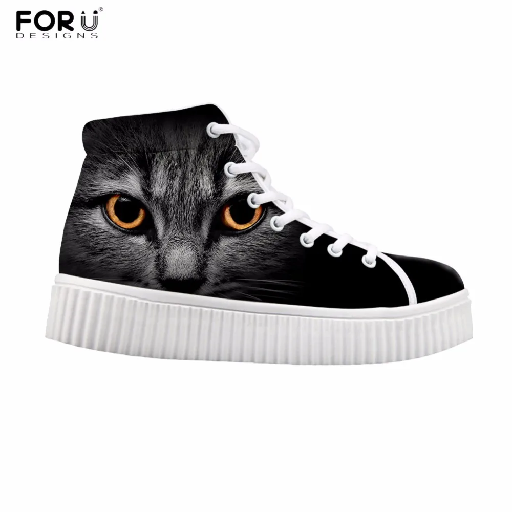 FORUDESIGNS High Top Height Increasing Shoes Women Cute Black Animal Cat Prints Flats Platform Shoes for Female Ankle Boots Shoe