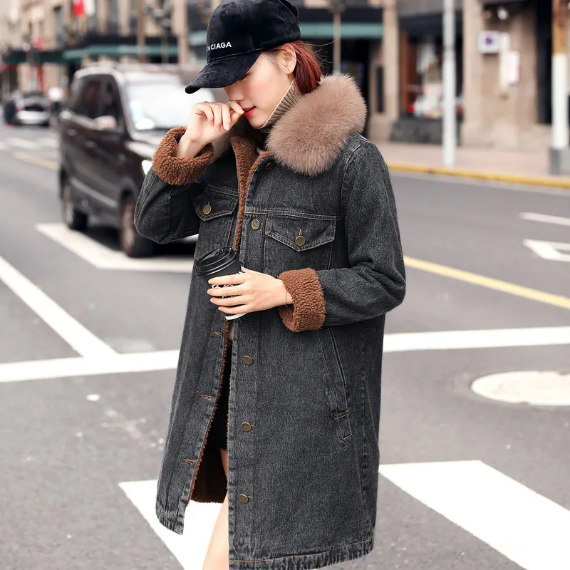 

European Winter Jackets 2018 Real Fox Fur Coat Thick Plus Velvet Denim Cotton Female Wide-waisted Solid Casual Long Down Coat