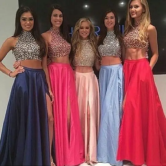 Sexy New Arrival Two Pieces Heavy Beading Halter Satin A Line Formal Long Prom Dresses For Party With Split | Свадьбы и торжества