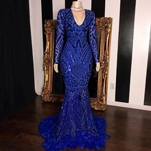 Beautifulinwhite платье с юбкой годе Королевского синего цвета платья для выпускного вечера глубоким v-образным вырезом одежда с длинным рукавом перья официальное вечернее платье платья с блестками DP0465