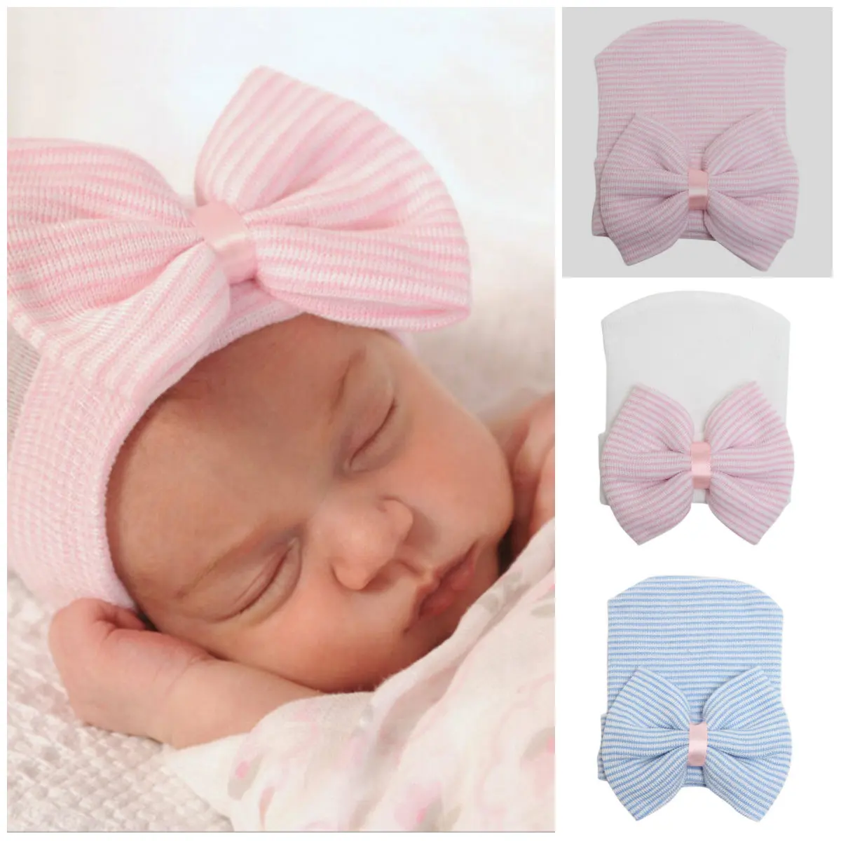 

Soft Hospital Girls Hats Newborn baby hat Toddler Baby Warm Hat Striped Caps Bow Beanies for Newborn 0-3M