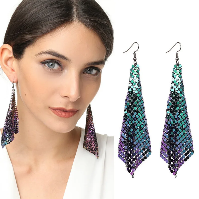 

Creative Exaggerated Metal Mesh Sequins Tassel Earrings Long Dangle Drop Earrings Pendant Female for Women Tassle Earrings