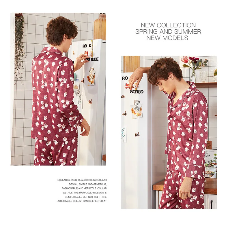 Бесплатная доставка пижамы с принтами комплект шелковые пижамы для мужчин пикантные современные стиль мягкие уютные атласные Ночная