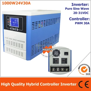 

Hybrid controller inverter for off grid solar power system, 1000W 24V pure sine wave inverter integrated with 30A PWM controller
