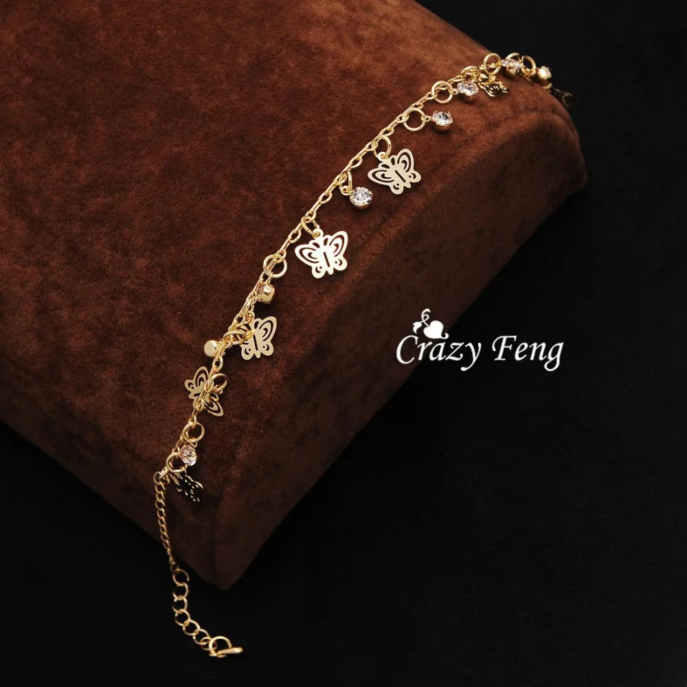 Бренд Crazy Feng, новинка, золотой цвет, очаровательные браслеты, ножные браслеты для девушек, Бабочка, висячие, австрийские кристаллы, Женские Ювелирные изделия