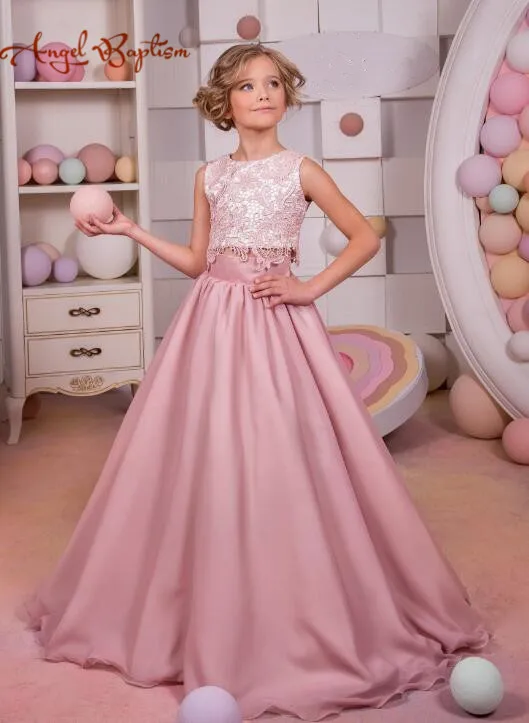 Beauty Two Pieces Blush Pink Long Flower Girl Dresses With Lace