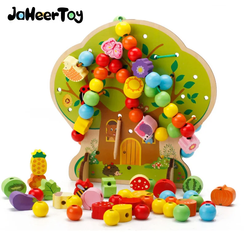 JaheerToy Baby Educational Toys for Children Fruit tree Beaded Creature Blocks Wood Gifts Montessori Funny Toy baby-blocks-toys