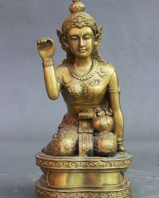 

10" China Buddhism Brass Copper Wealth Mammon God Kneel Goddess Buddha Statue