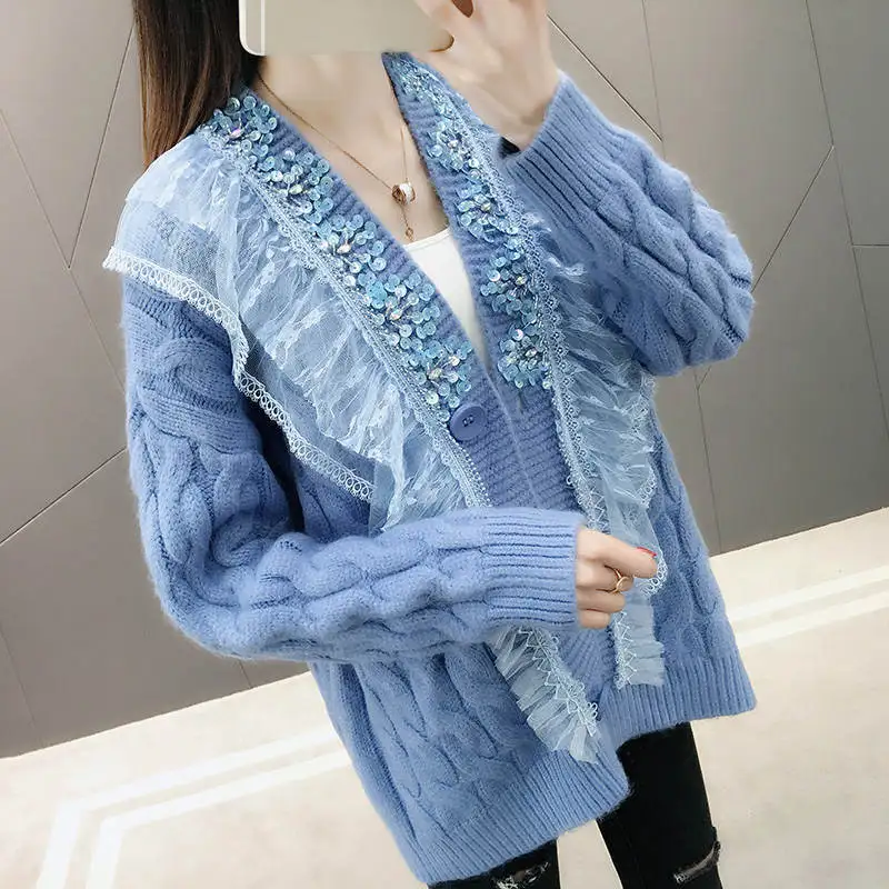 ^*Best Offers New Fashion Lace Sequin Stitching Cardigan Women Autumn Loose Women Oversized Sweater Coat Knitted Cardigan Jacket Jumper C5710