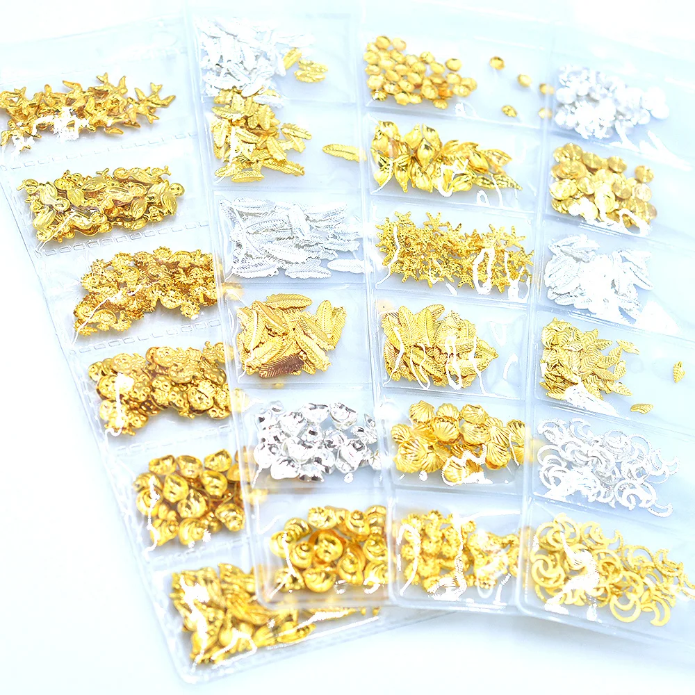 

1 Pack Gold Silver Metal Glitter Rivet Mix Type And Color Sea Animal Shell Feather Octopus Sea Horse star Nail Art Decors
