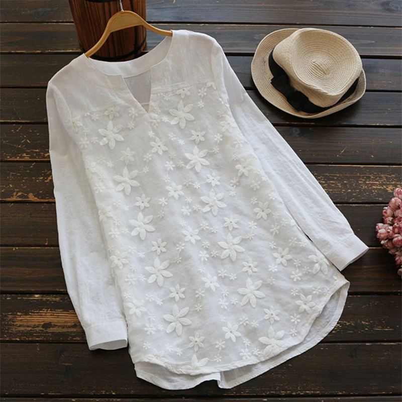 

Women White Blouse Embroidery Lace Long Sleeve Autumn Tops V Neck Loose Plus Size S-5XL Elegant Shirt Blusas Female