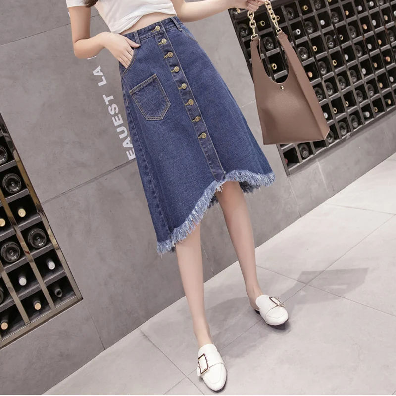 Big Size Denim Skirt High Waist Lady Button Down Jeans Skirts Tassel ...