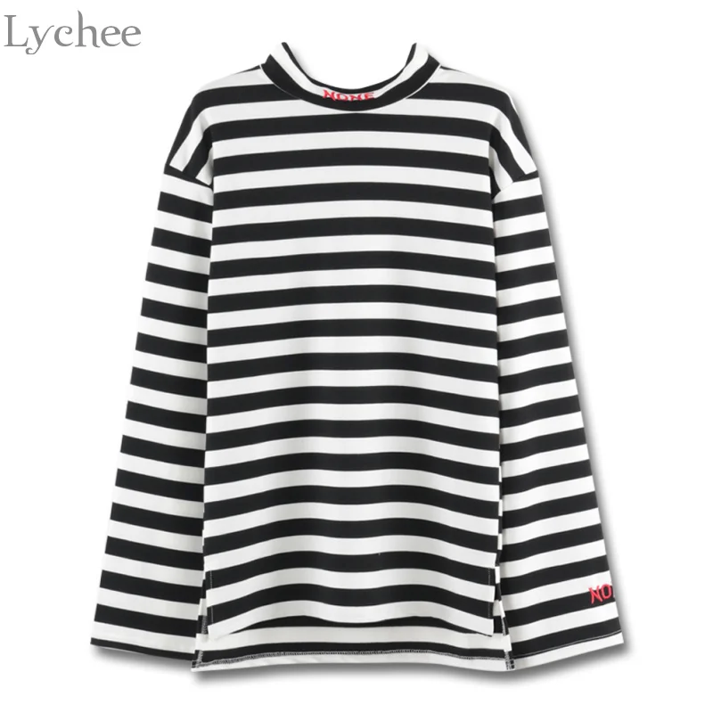 Футболка Lychee Женская весенне осенняя с буквенным принтом и вышивкой в полоску