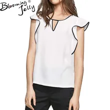 Blooming Jelly Fashion Women Summer Blouses Ruffled Short Sleeve Shirt O-neck Chiffon Blouse White Black Patchwork Tops Femme