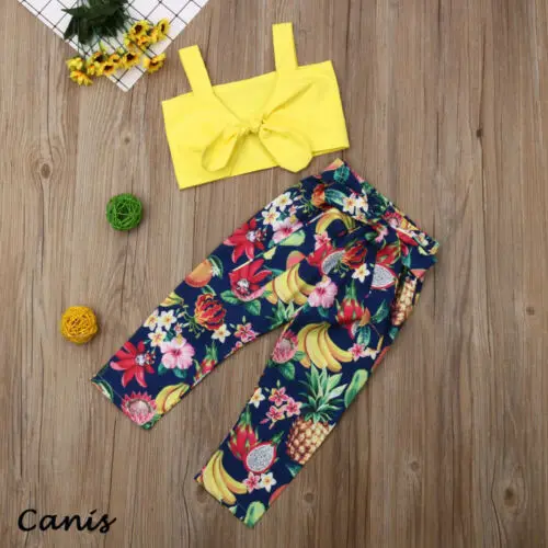 

Toddler Girls Summer Clothes Bowknot Vest Crop Tops Fruit Pattern Long Pants Outfit Set 2PCS