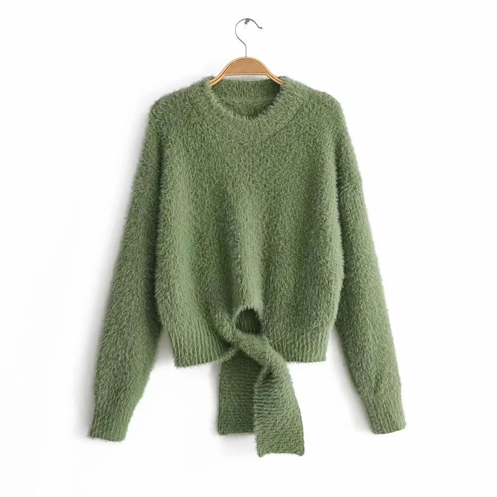 Осенний свитер женский подол на шнуровке модный свитер двухцветный дополнительный свободный Универсальный свитер - Цвет: Зеленый