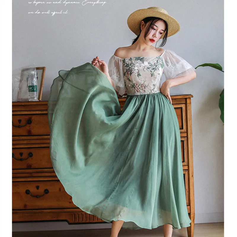 

Summer Women Vintage Elegant Slim Midi Dress Ladies Sweet Casual Loose Embroidery Lace Mesh Green Chiffon Patchwork Dress Cloth