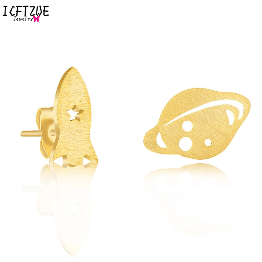 

New 10pairs Gold Colour Stainless Steel Planet Saturn & Rocket Space Earrings Fashion Jewelry For Women Birthday Christmas Gift