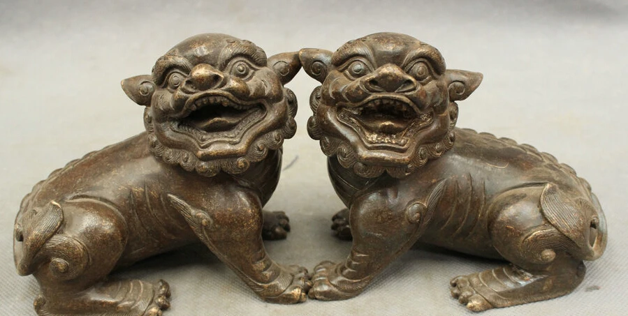

JP S0114 Old Chinese Bronze Wealth Evil Spirits Dragon Beast Kylin Pi Xiu Statue Pair Set