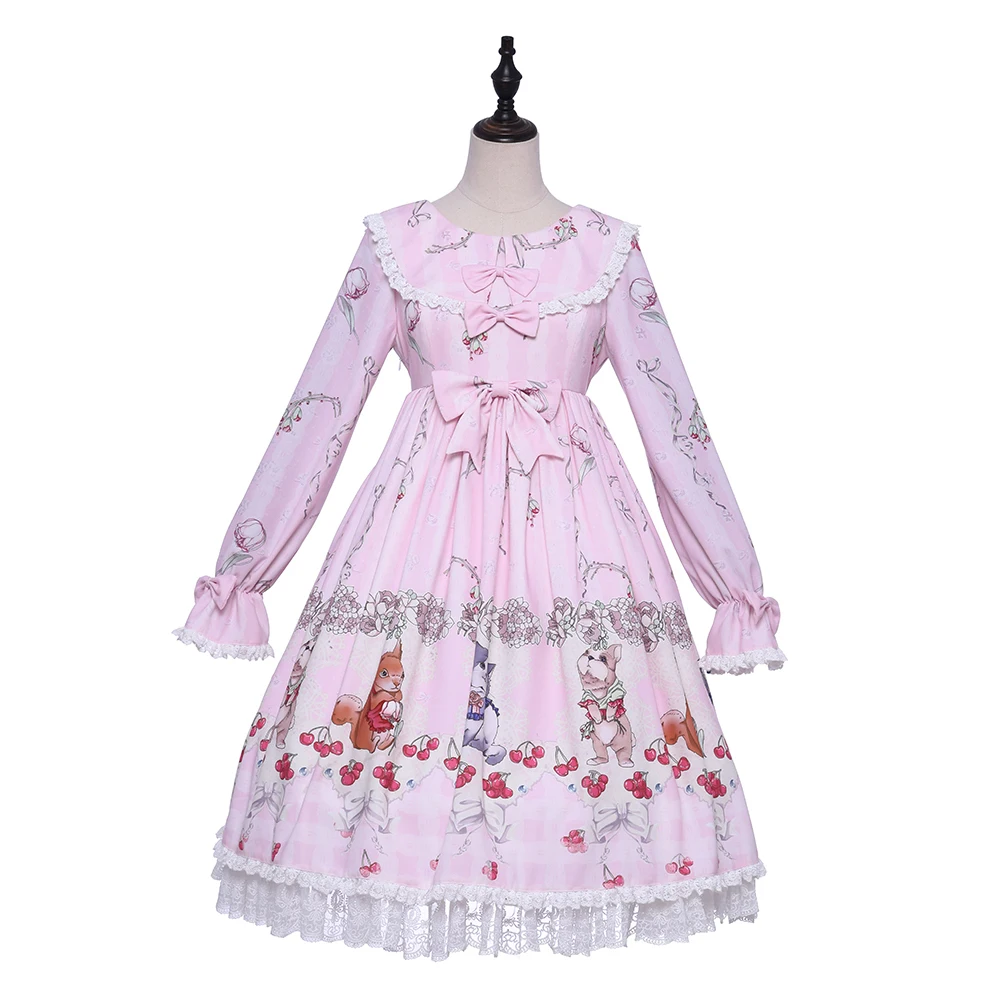 

2018 Original Women Pink Long Sleeves Printing Bowknot Lace Edge Cute Sweet Lolita Dress New Year Lotus Dress Wholesale