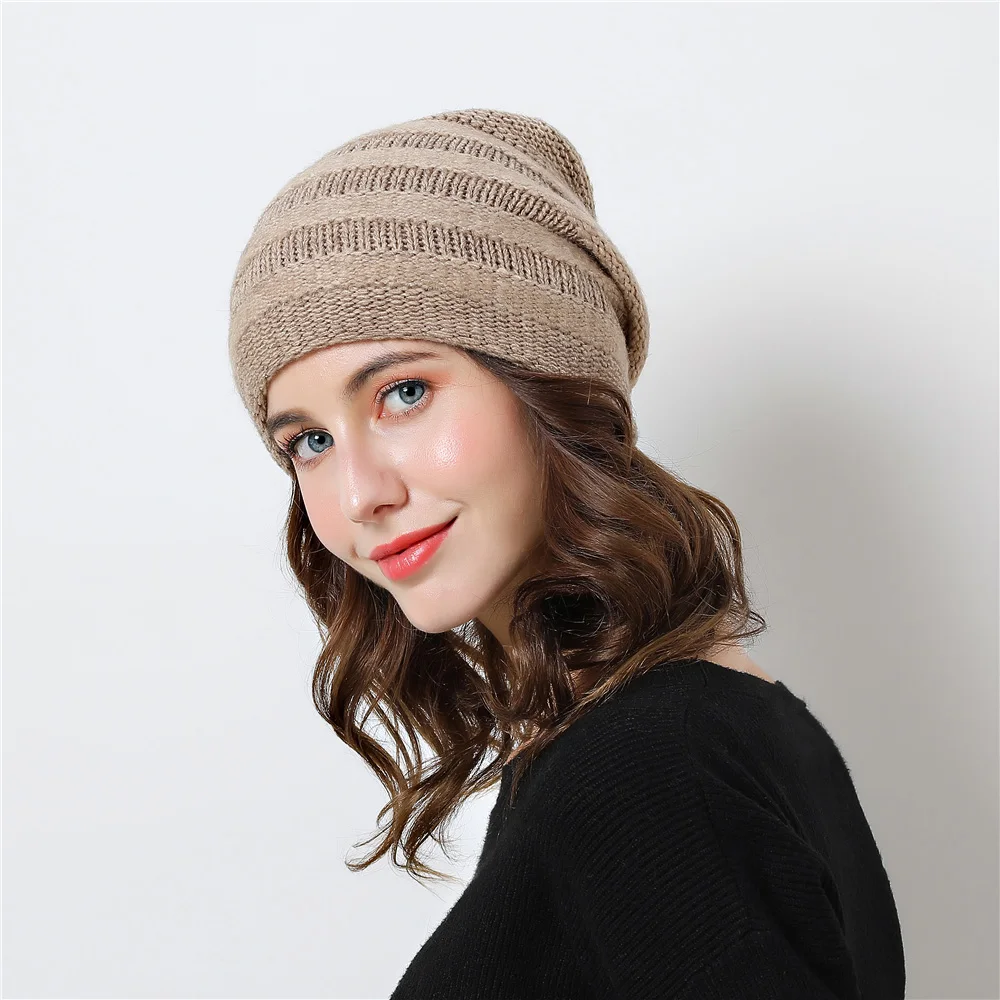 999-Beanies Women Winter Hat Headwear Knit Cap Wool Stripe Slouchy Warm Soft Plaid Casual Outdoor Ski Skullies Accessory (1)
