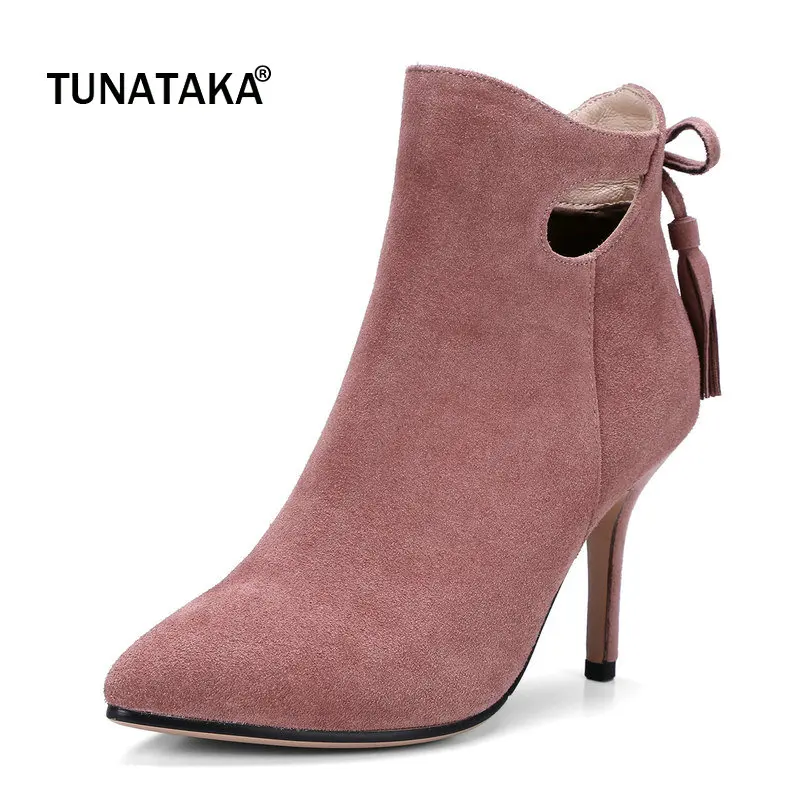 

Suede Thin High Heel Zipper Woman Ankle Boots Fashion Fringe Pointed Toe Dress Ladies Woman Black Nude Pink Black