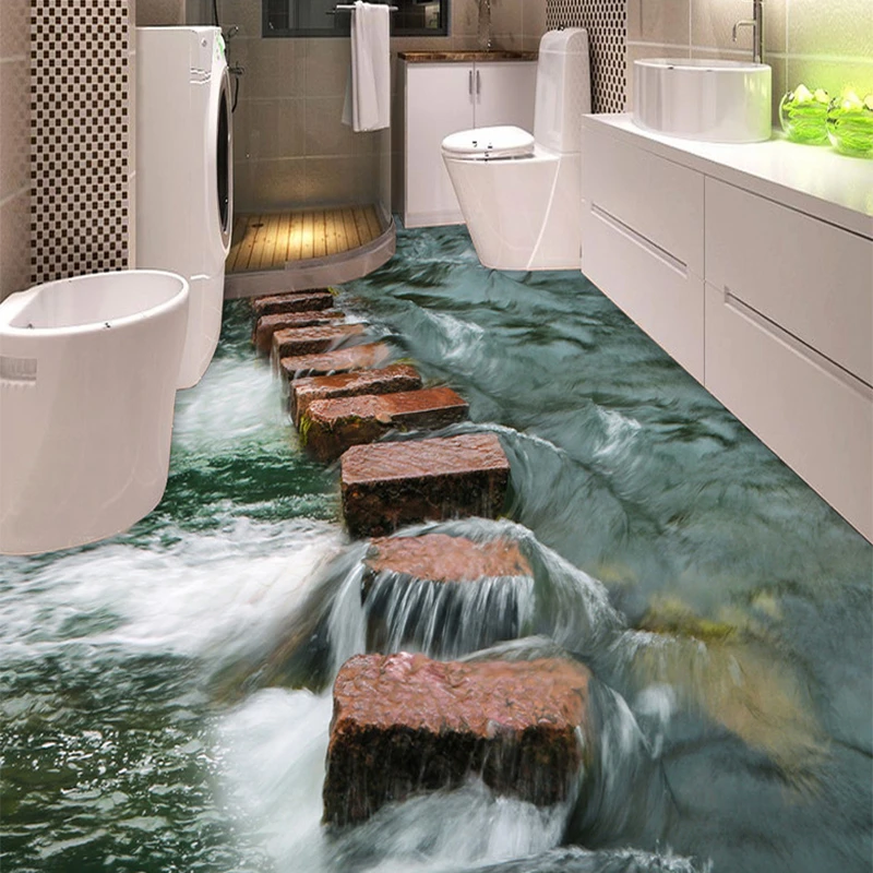 3d 床タイル壁紙ステッカー古典的な石のパス川写真壁画浴室の防水ビニール壁紙 Vinyl Wallpaper Photo Murals3d Flooring Aliexpress