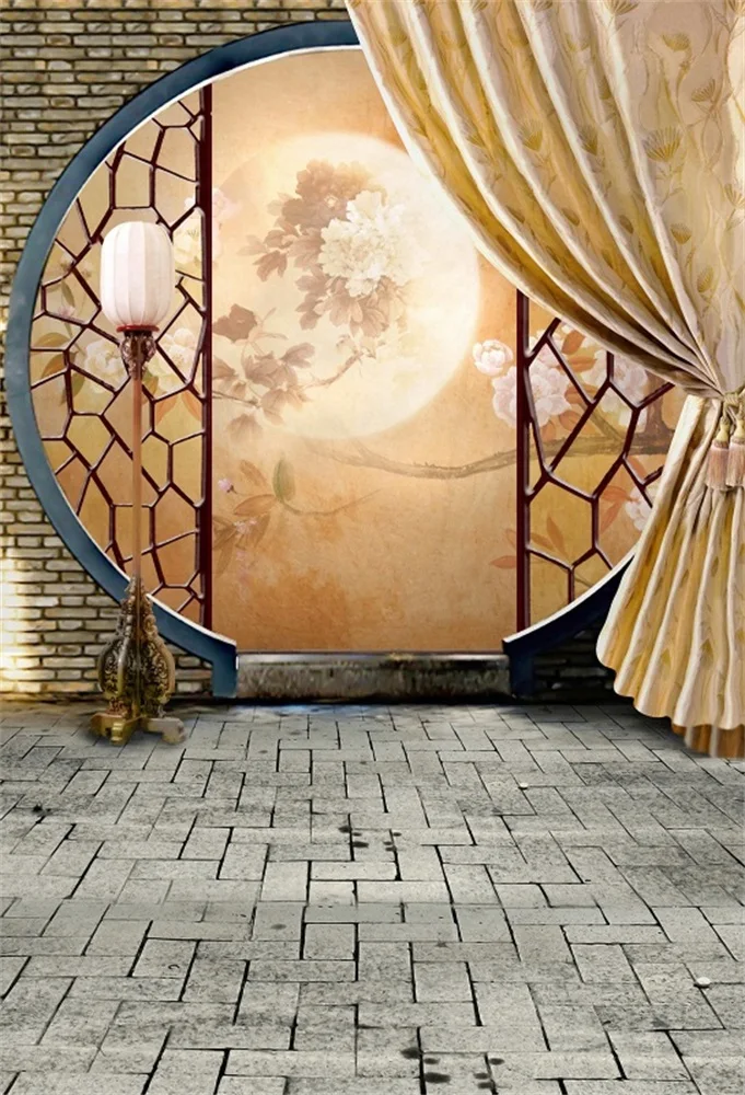 

Laeacco Chinese Style Round Door Moon Brick Floor Photographic Backgrounds Customized Photography Backdrops For Photo Studio