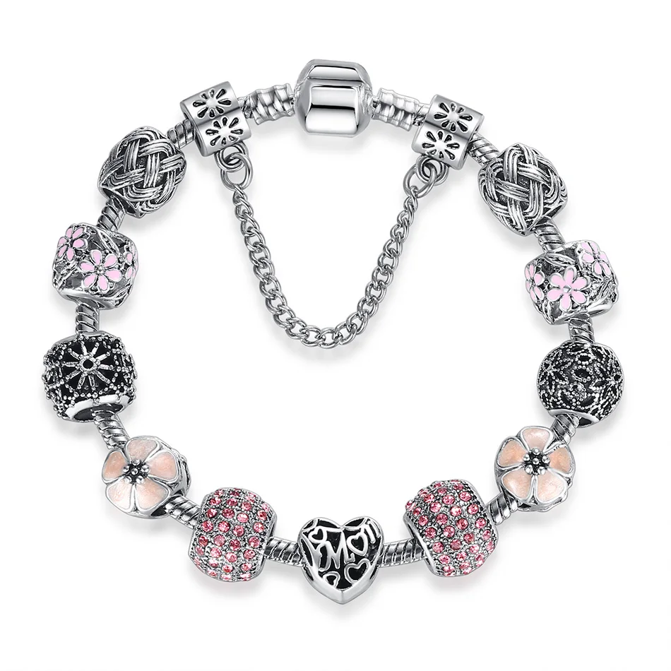 BELAWANG европейские очаровательные бусины браслеты и браслеты с безопасной цепочкой античный серебряный браслет сердце для женщин ювелирные изделия дружбы
