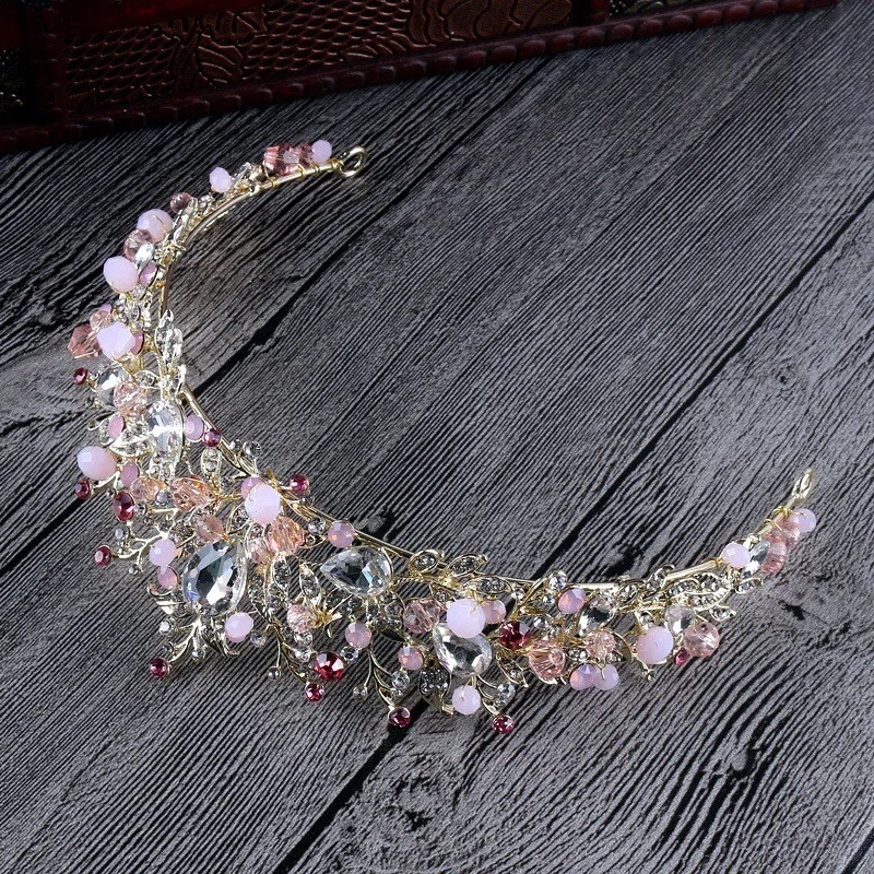 Luxury Pink Gold Pearl Bridal Crowns Handmade Tiara Bride Headband Crystal Wedding Diadem Queen Crown Wedding Hair Accessories