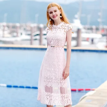 

2018 summer new boutique women's round neck long lace a line temperament lady dress hollow out two pieces set long midi dress
