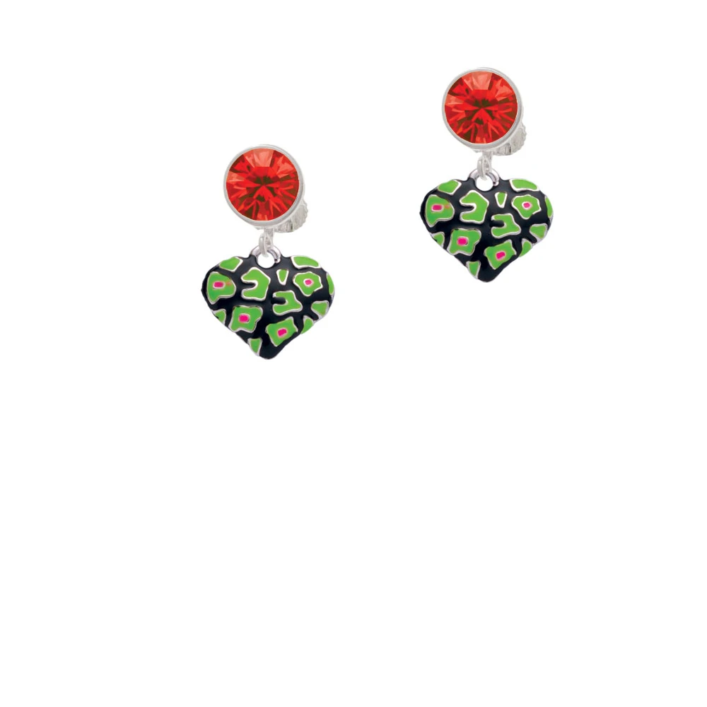 Lime Green Cheetah Print Heart Crystal Clip On Earrings (4)