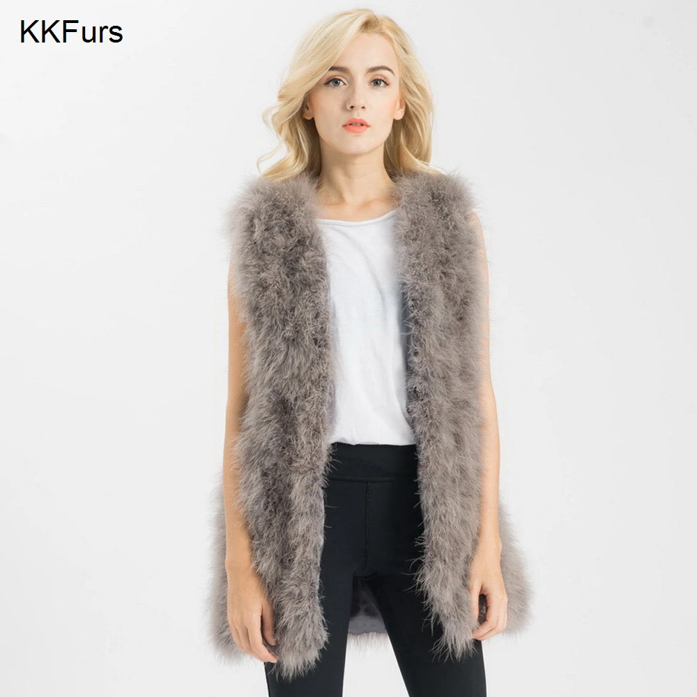 JKKFURS новые модные женские туфли жилет из натуральной кожи страуса/Турция перо мех