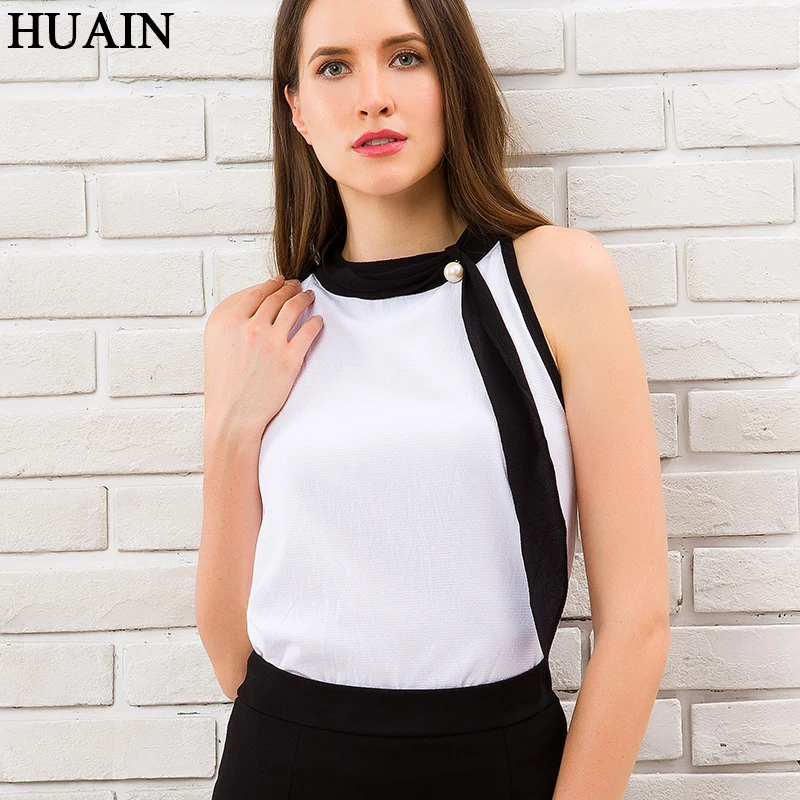 

Bead Women Tops And Blouses Sexy Sleeveless Ribbon Stand Collar Summer Fashion 2018 Casual Fitness White Shirt Female Clothing