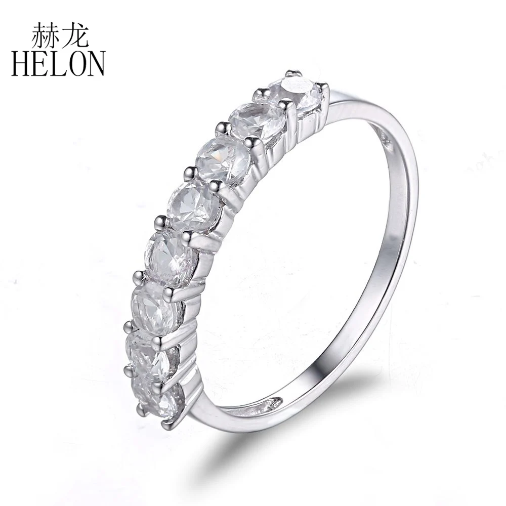 

HELON Solid 10K White Gold Eternity 3mm Round Shape White Topaz Engagement Wedding Band Prong Setting Women's Fine Jewelry