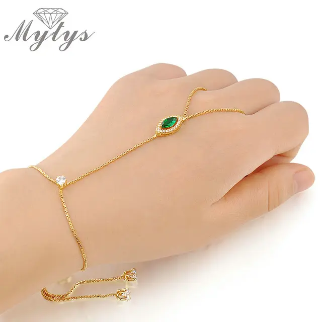 Mytys Green Color Crystal Slave Bracelet Women Fashion Palm Mytys Green Color Crystal Slave Bracelet Women Fashion Palm Connected Ring Cuff Jewelry