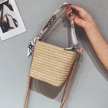 

BEAU-Summer Women Durable Weave Straw Beach Bags Feminine Woven Bucket Bag Grass Casual Silk Riband Handbags Knitting Rattan B