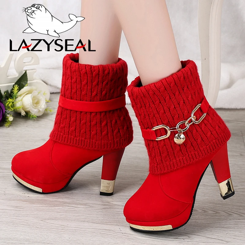 Новинка сапоги LazySeal на тонком каблуке зимняя обувь теплые меховые для снега