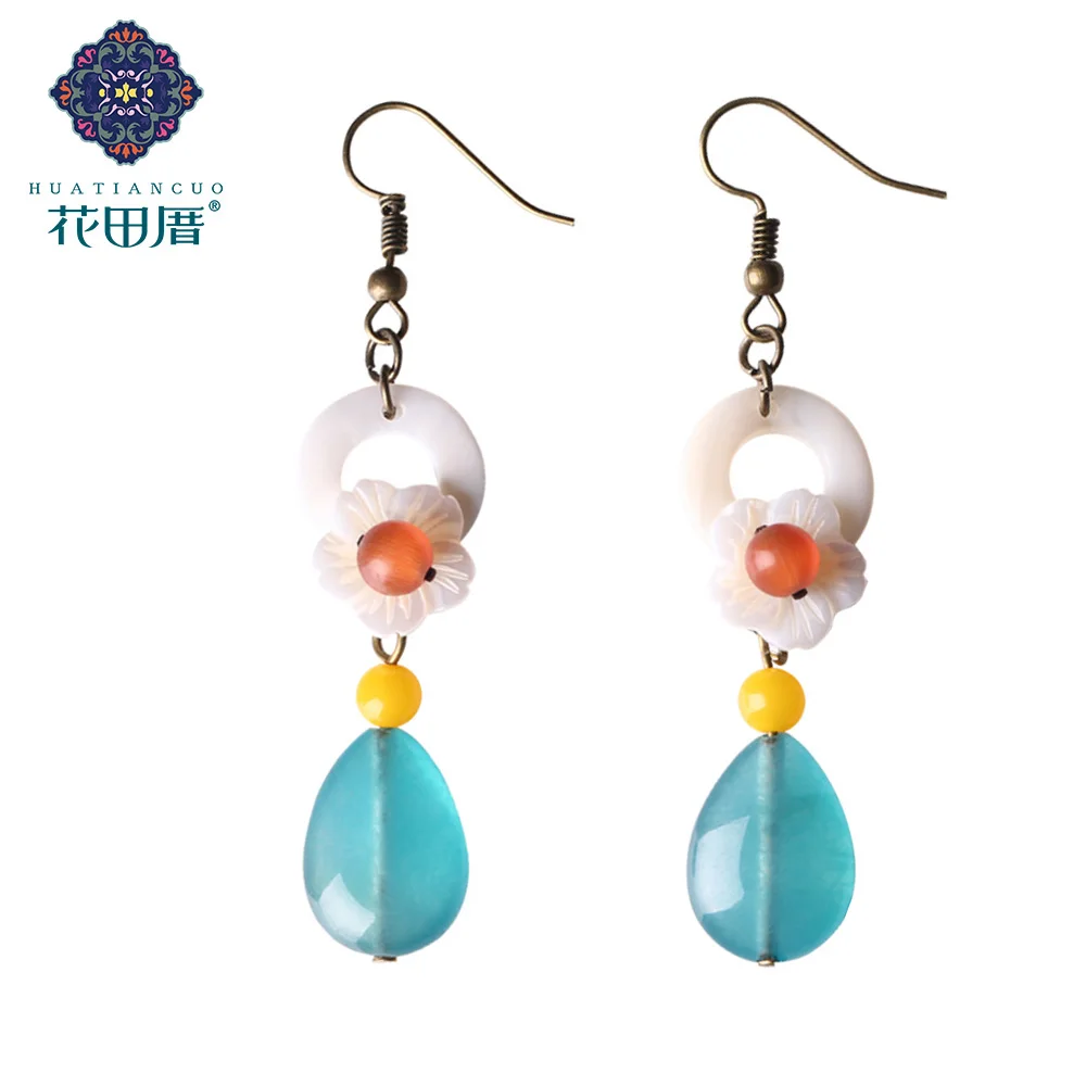 

Handmade Shell Flower water Drop Dangle Earring Imitation Cat Eye Stone Charming Vintage Ethnic style Jewelry For Women EZ-17044