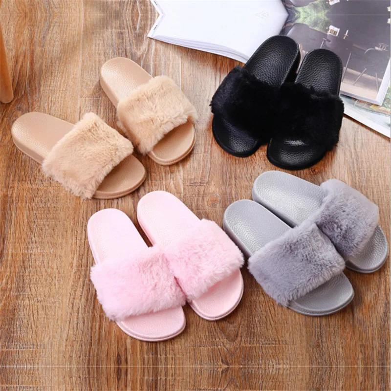 

2019 Faux Fur Slides Women Summer Slippers Non-Slip Beach Flip Flops Casual Home Shoes Ladies Furry Slipper Chaussures Femme