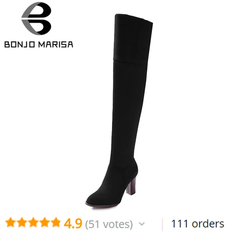 Vente BONJOMARISA Offre Spéciale Plus Taille 32 46 Hiver Printemps Plus Genou Cuisse Haute Plate Forme Bottes Femmes Noir Haute Talons Chaussures femme