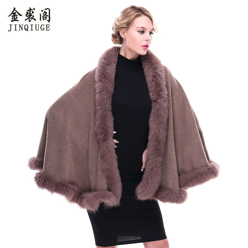 JINQIUGE Women's Real Fur Shawls Wool Blends Fox Fur Collar Hooded Pashmina Coat Cape New 2017 Women Wool Real Fox Fur coats JINQIUGE Women's Real Fur Shawls Wool Blends Fox Fur Collar Hooded Pashmina Coat Cape New 2017 Women Wool Real Fox Fur coats