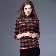 Американский осень-весна Лидер продаж Женская мода тонкая водолазка эластичные плед под Рубашки для мальчиков Леди Повседневная футболка Tmall lipsense